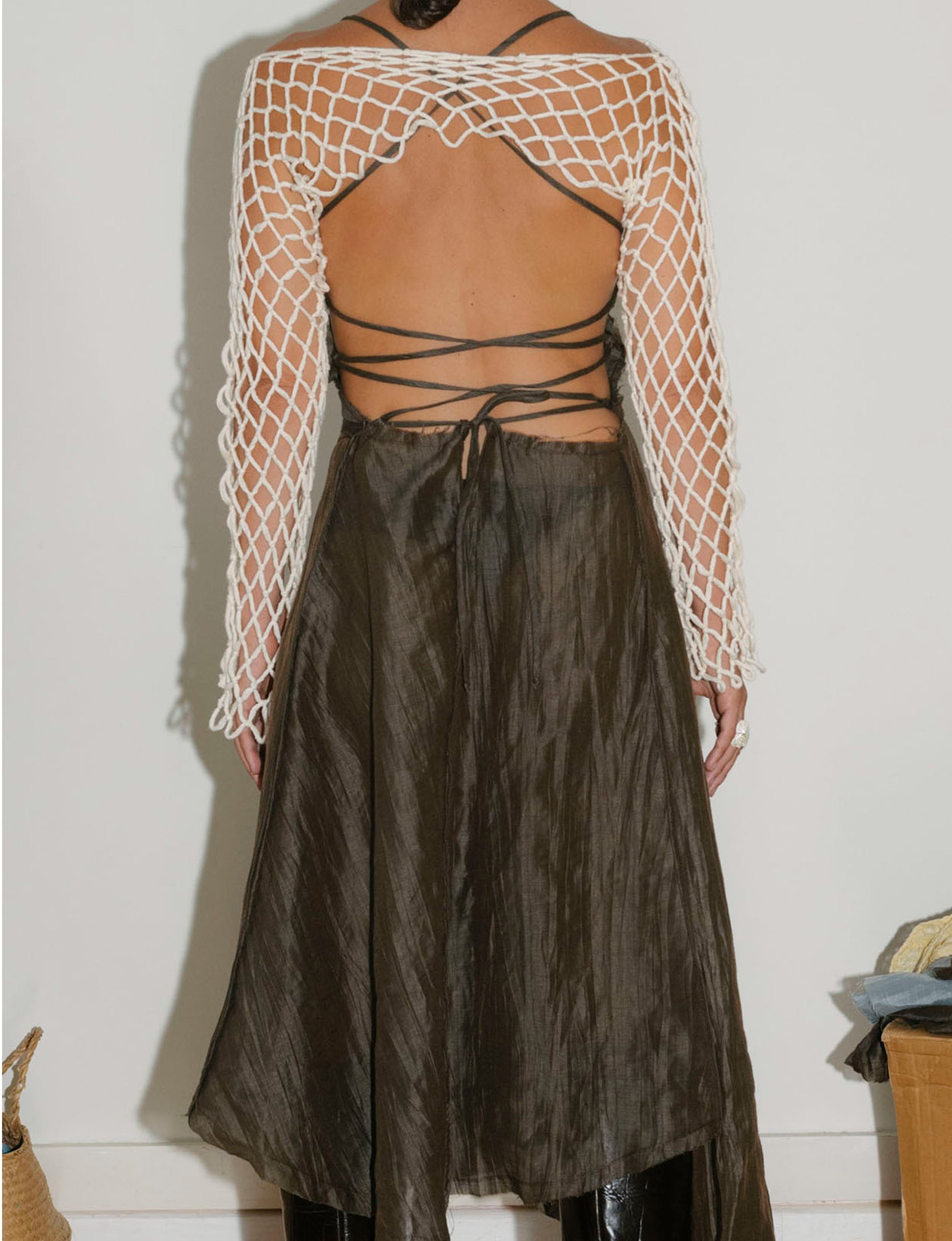 xana silk linen dress brown back